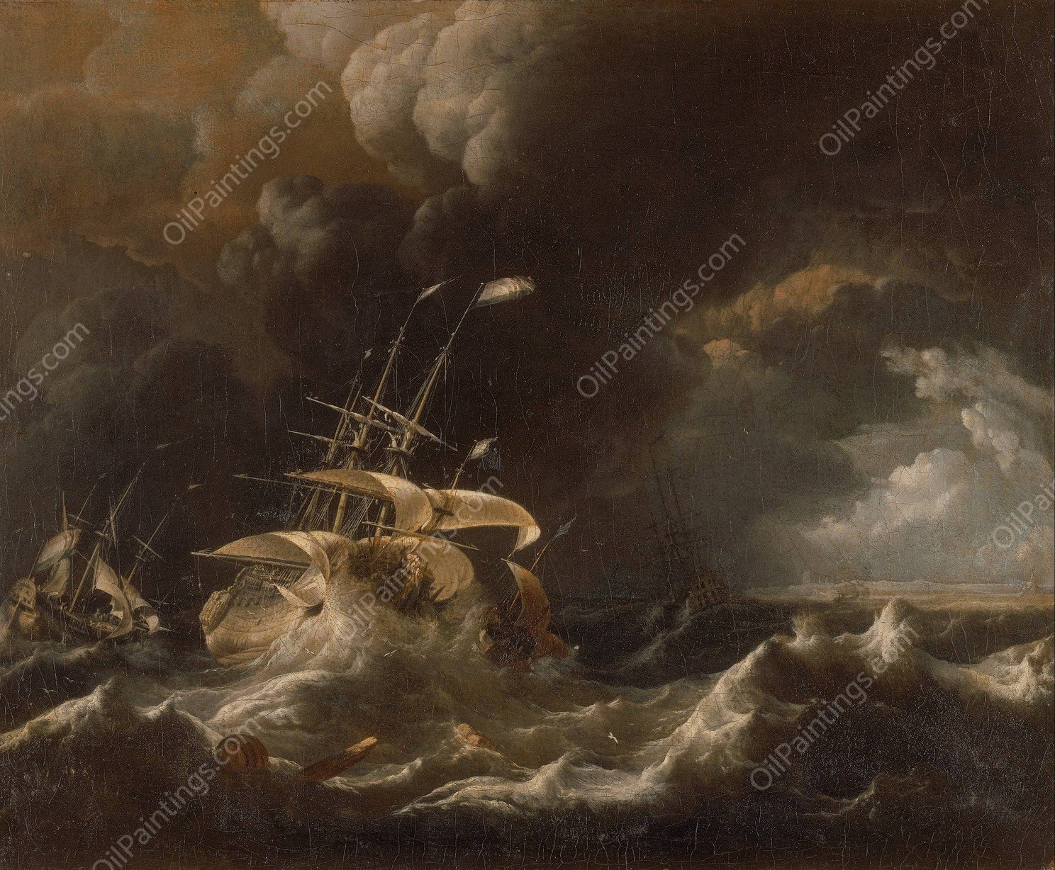 Dutch Merchant, Ships in a Storm by Ludolf Bakhuysen - Hand-Painted Oil Painting Reproduction