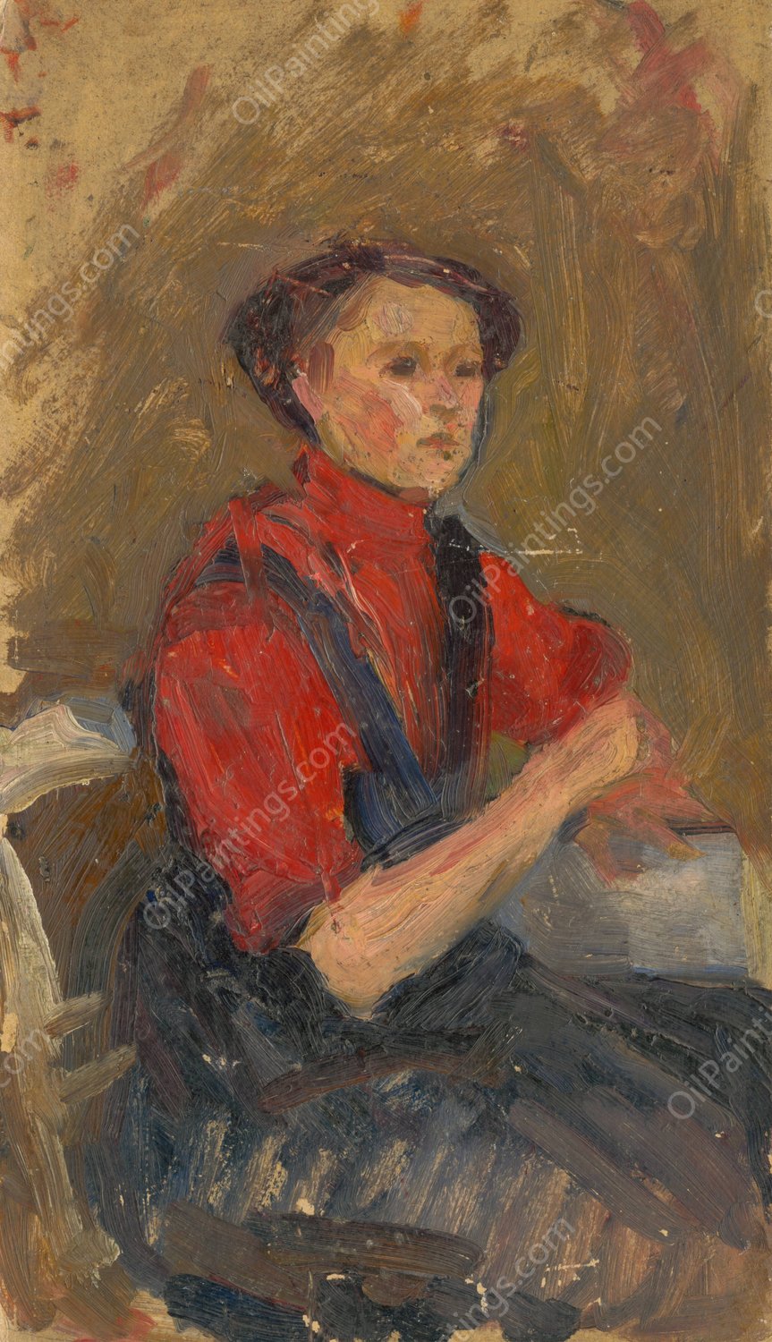 Portrait of a Young Woman in a Red Sweater  by Ludovit Pitthordt - Hand-Painted Oil Painting Reproduction