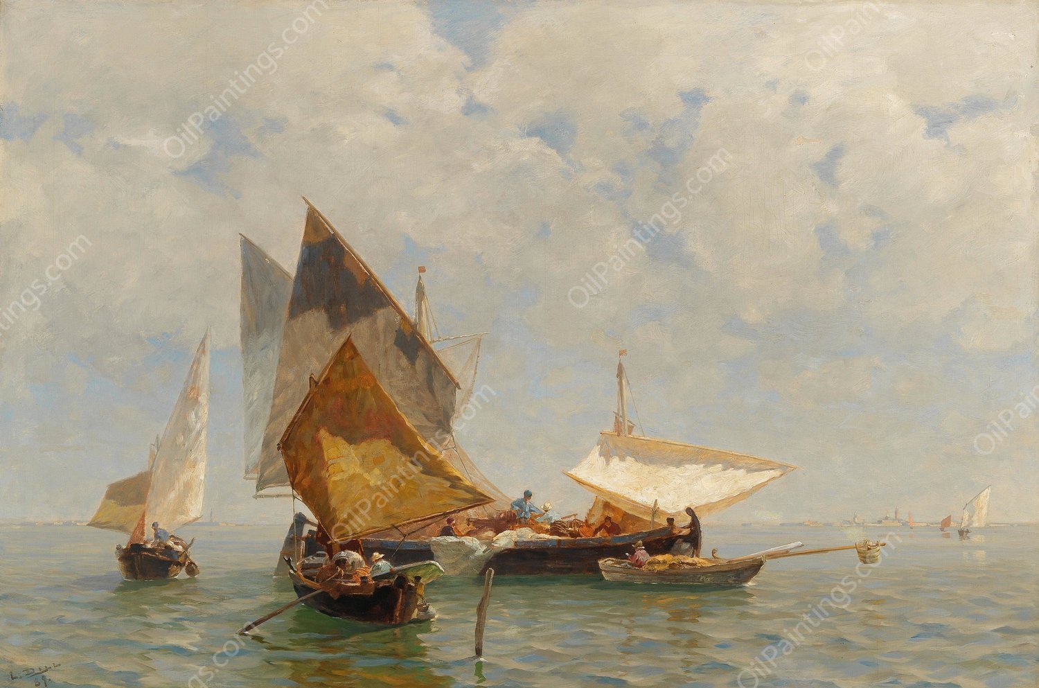 Venice, fisherboat in the lagoon  by Ludwig Dill - Hand-Painted Oil Painting Reproduction