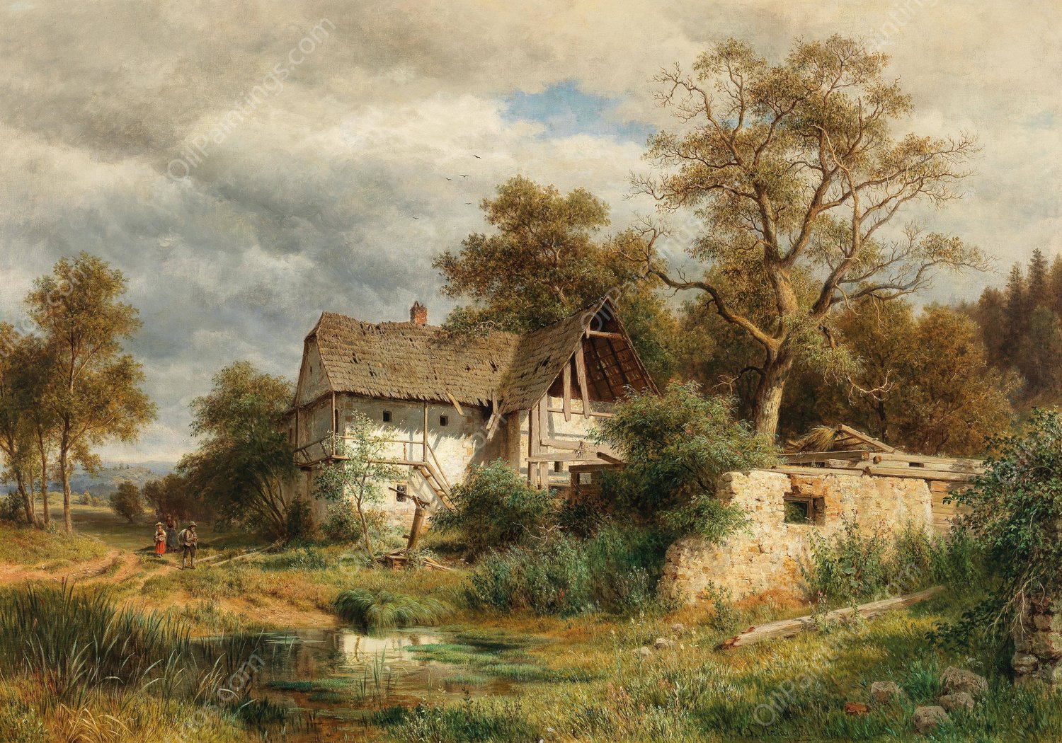 A Dilapidated Farmyard in the Laabach Valley near Kaumberg  by Ludwig Halauska - Hand-Painted Oil Painting Reproduction