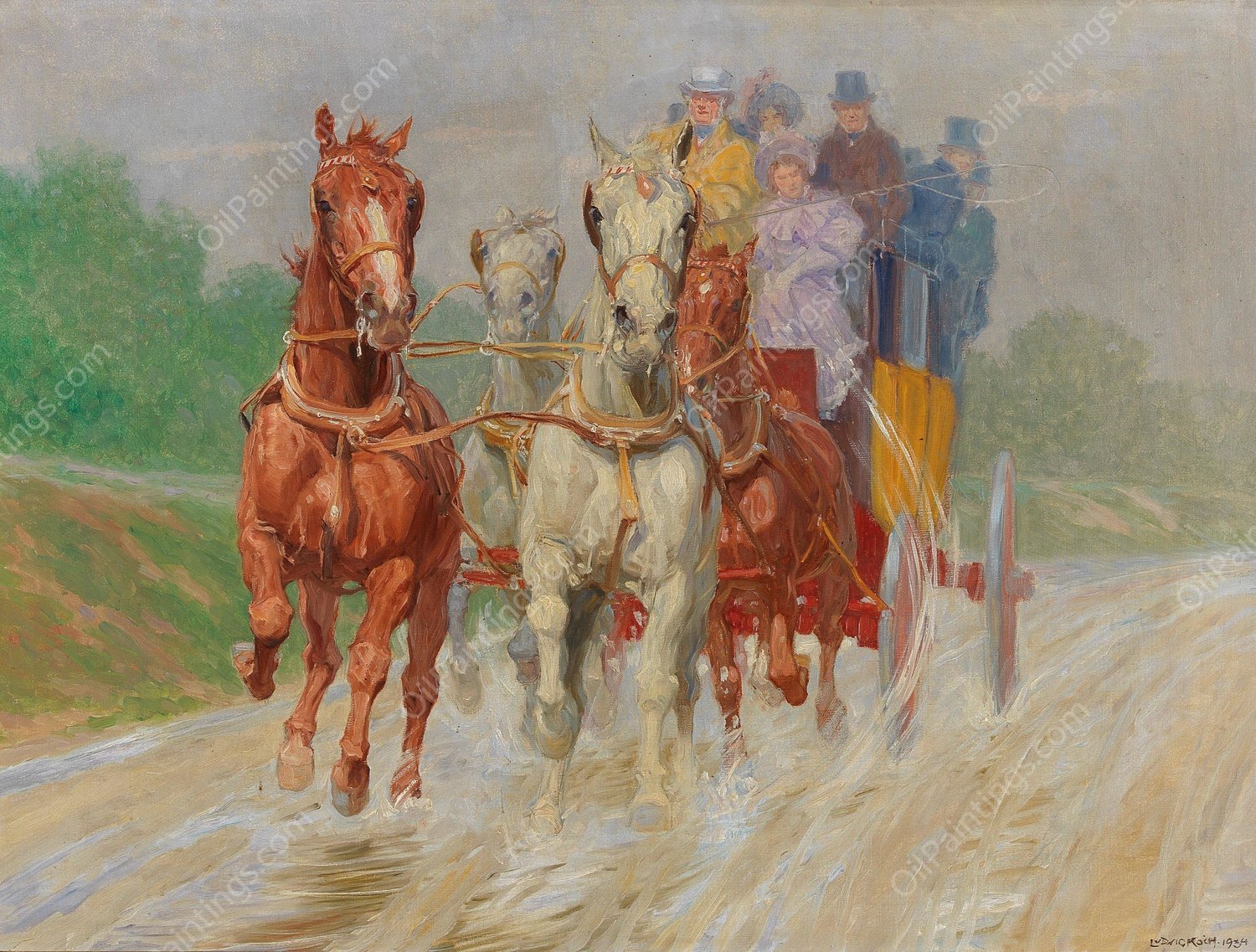 Four-in-Hand Coach in Old Vienna by Ludwig Koch - Hand-Painted Oil Painting Reproduction