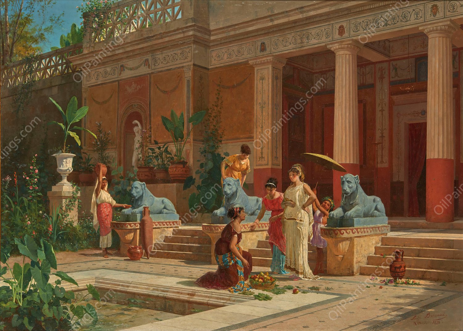 A fruit seller in the courtyard of a Pompeian villa  by Luigi Bazzani - Hand-Painted Oil Painting Reproduction