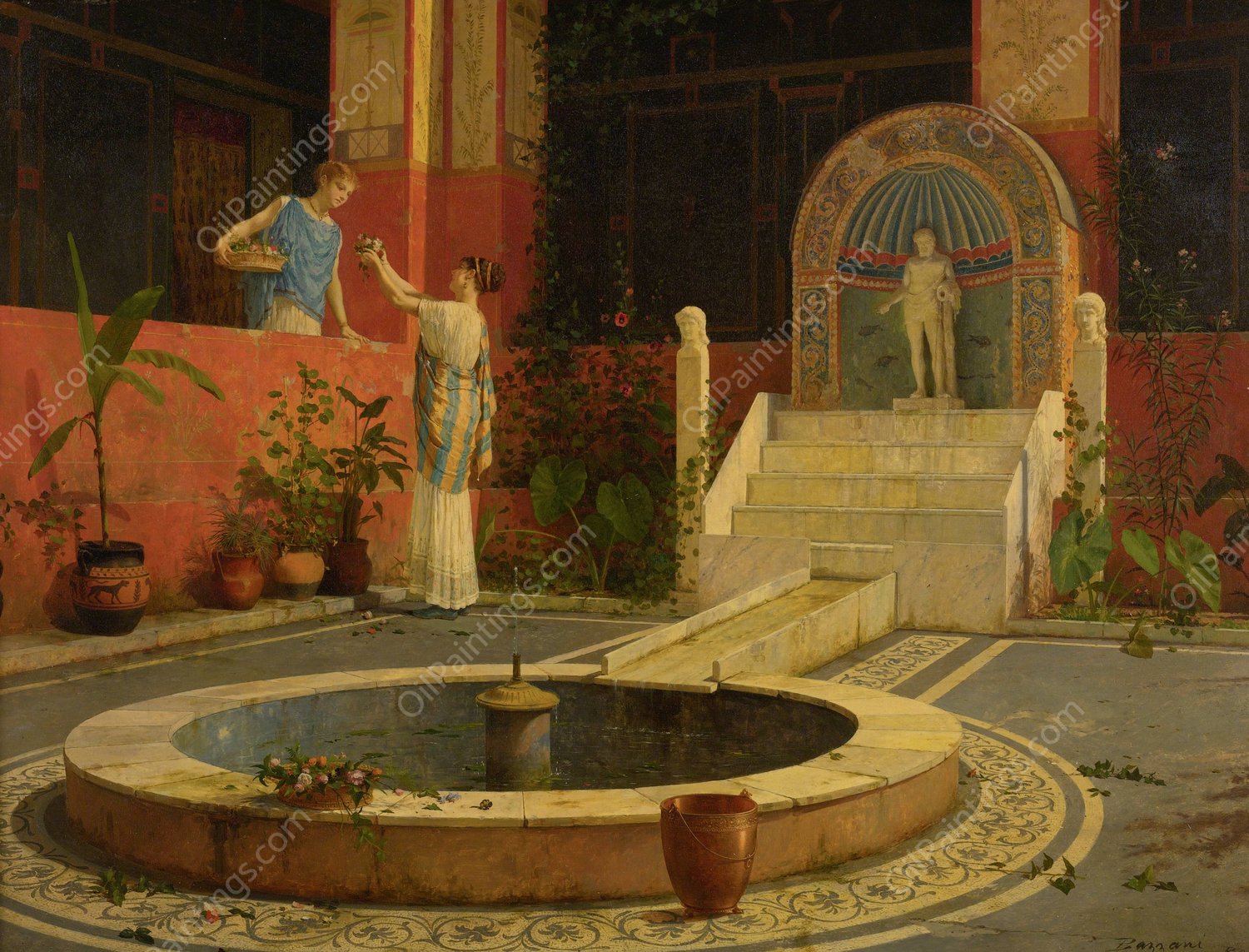 Picking Flowers From The Courtyard by Luigi Bazzani - Hand-Painted Oil Painting Reproduction