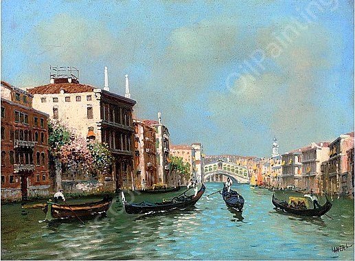 Gondoliers Before the Rialto Bridge by Luigi Lanza - Hand-Painted Oil Painting Reproduction