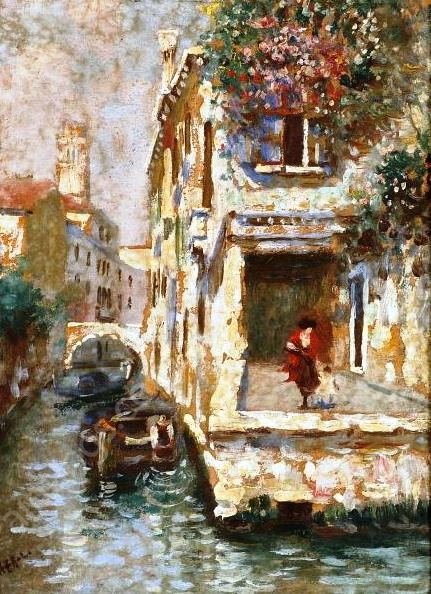 Venetian Canal View by Luigi Lanza - Hand-Painted Oil Painting Reproduction