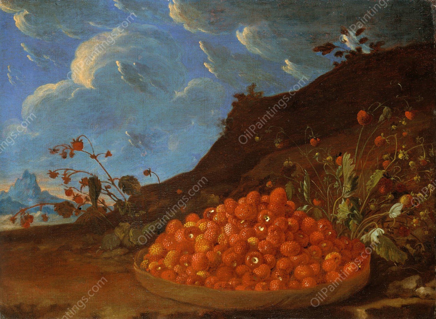 Basket of Wild Strawberries in a Landscape by Luis Melendez - Hand-Painted Oil Painting Reproduction