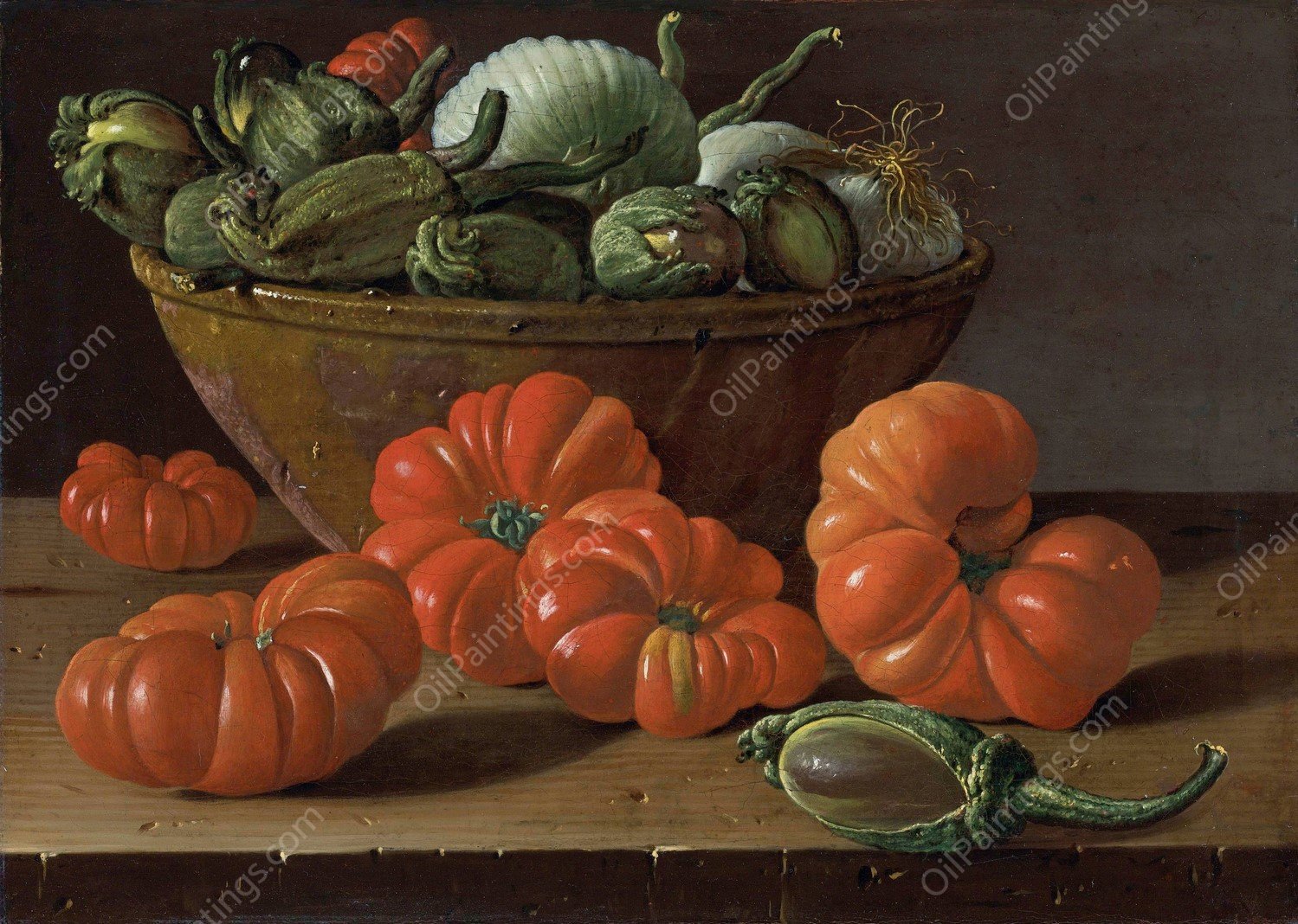 Still Life With Tomatoes, A Bowl Of Aubergines And Onions by Luis Melendez - Hand-Painted Oil Painting Reproduction