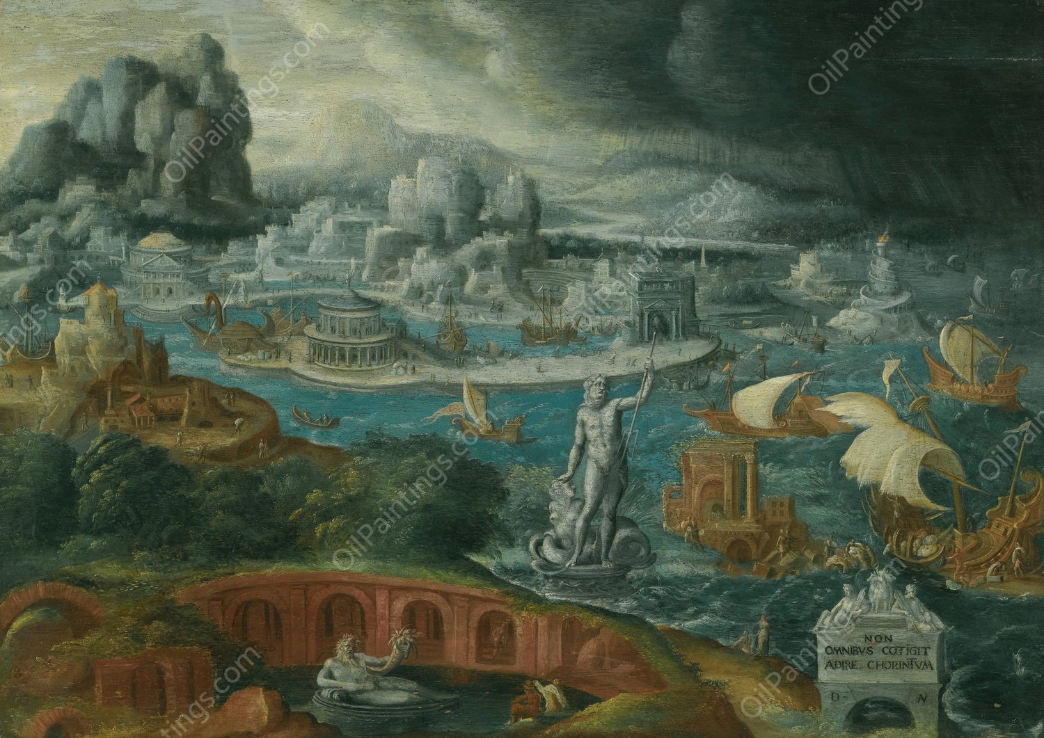 Classical Landscape With Ships Running Before A Storm Towards A Classical Harbour by Maarten Van Heemskerck - Hand-Painted Oil Painting Reproduction