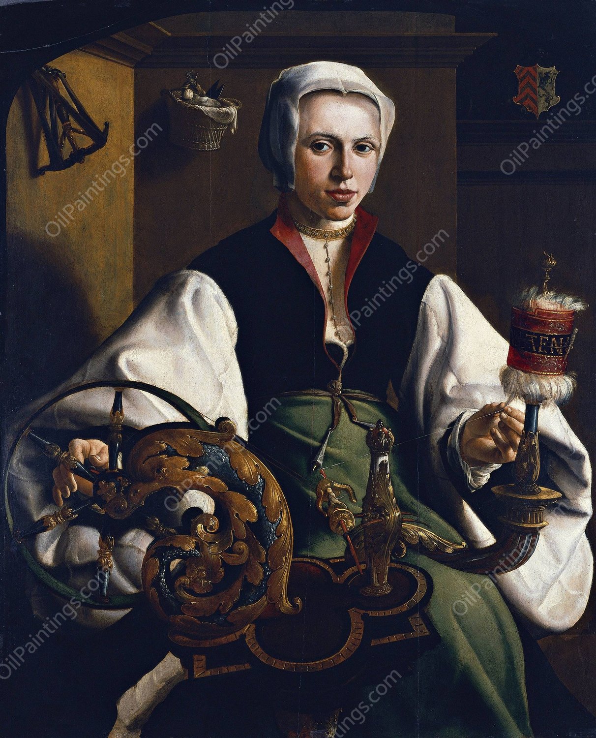 Portrait Of A Lady Spinning  by Maarten Van Heemskerck - Hand-Painted Oil Painting Reproduction
