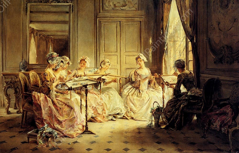 An Afternoon Embroidering by Madeleine Jeanne Lemaire - Hand-Painted Oil Painting Reproduction
