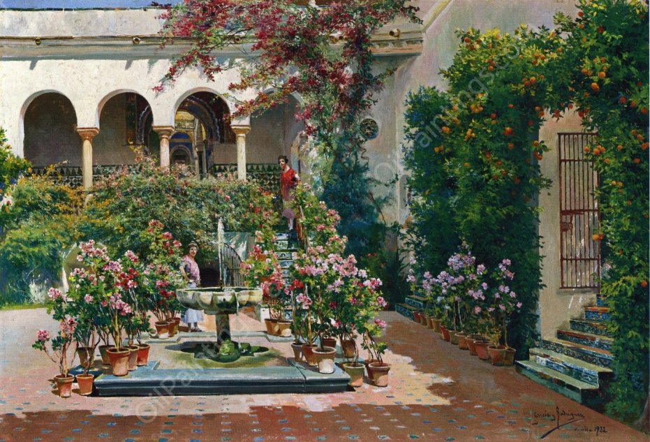 A Courtyard in Seville by Manuel Garcia y Rodriguez - Hand-Painted Oil Painting Reproduction