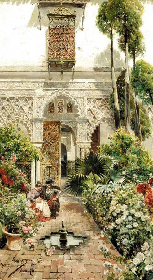 A Garden in Seville by Manuel Garcia y Rodriguez - Hand-Painted Oil Painting Reproduction