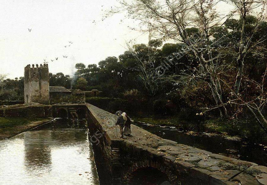 A Morning Stroll by the Canal by Manuel Garcia y Rodriguez - Hand-Painted Oil Painting Reproduction