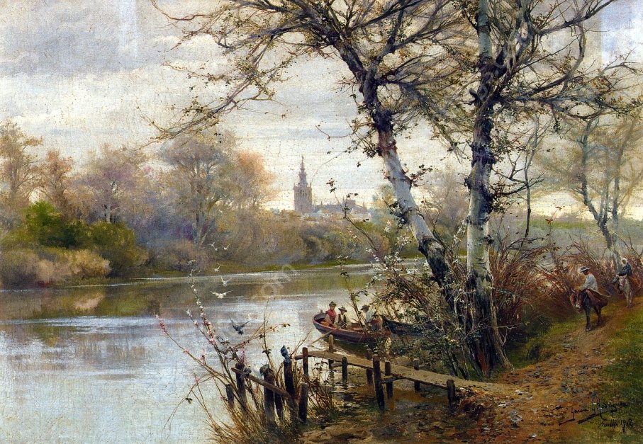 A River Landscape with Seville Beyond by Manuel Garcia y Rodriguez - Hand-Painted Oil Painting Reproduction