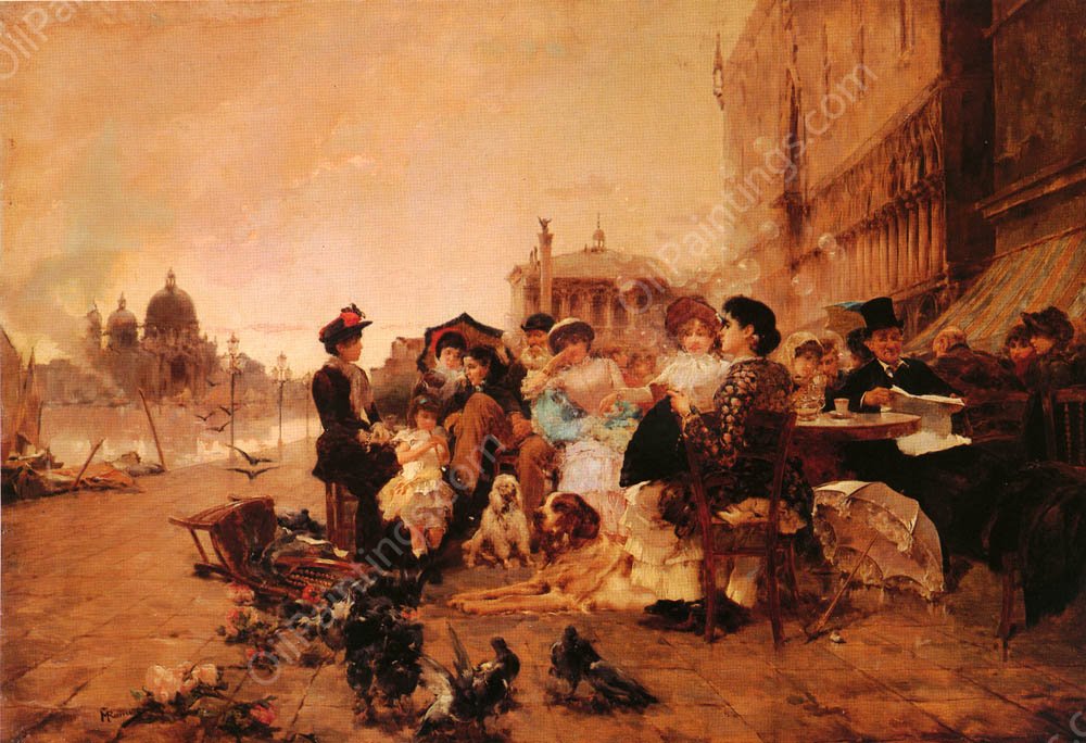 A Cafe on the Riva Schiavone, Venice by Manuel Ramirez - Ibanez - Hand-Painted Oil Painting Reproduction