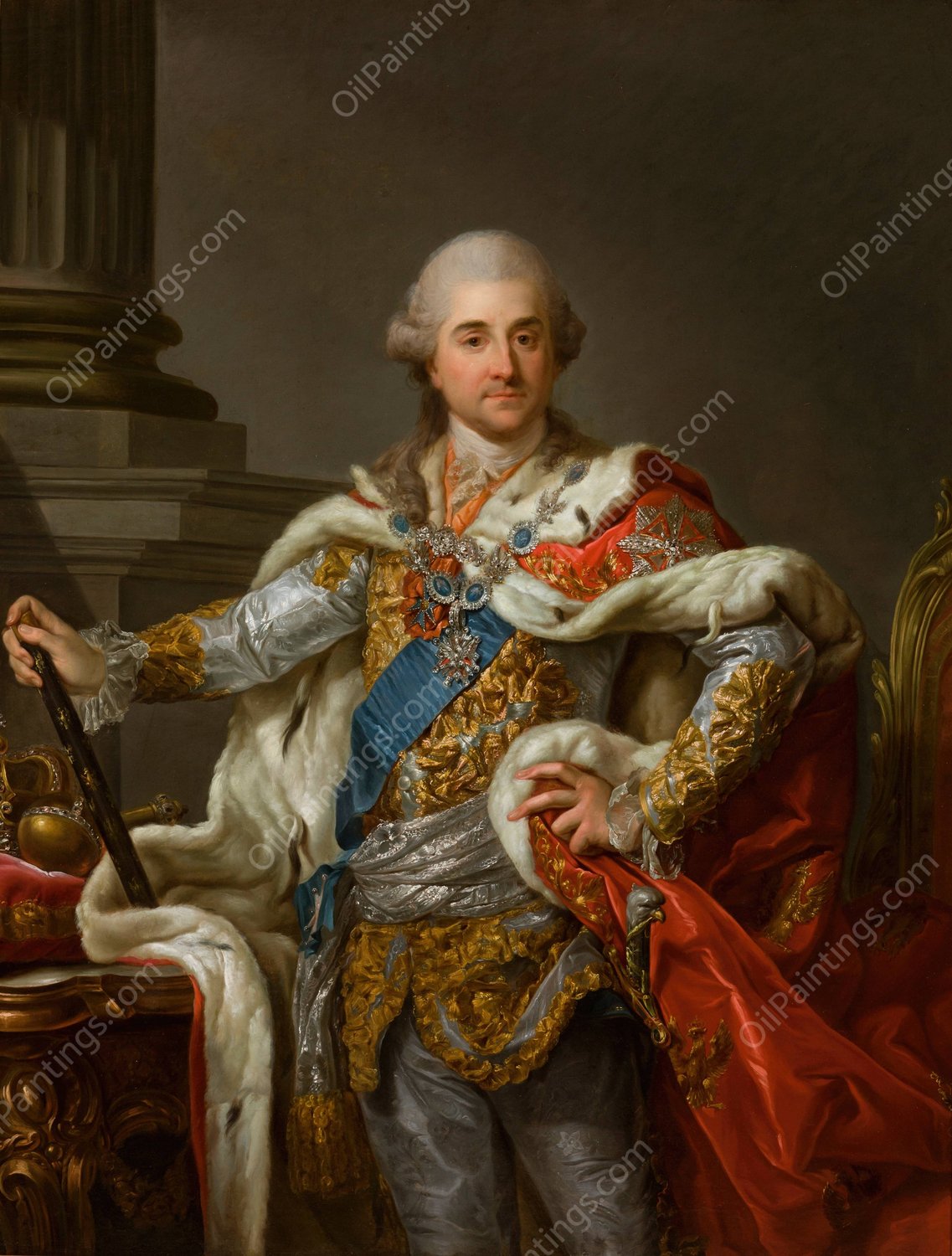 Portrait of Stanislaus Augustus Poniatowski in Coronation Robes  by Marcello Bacciarelli - Hand-Painted Oil Painting Reproduction