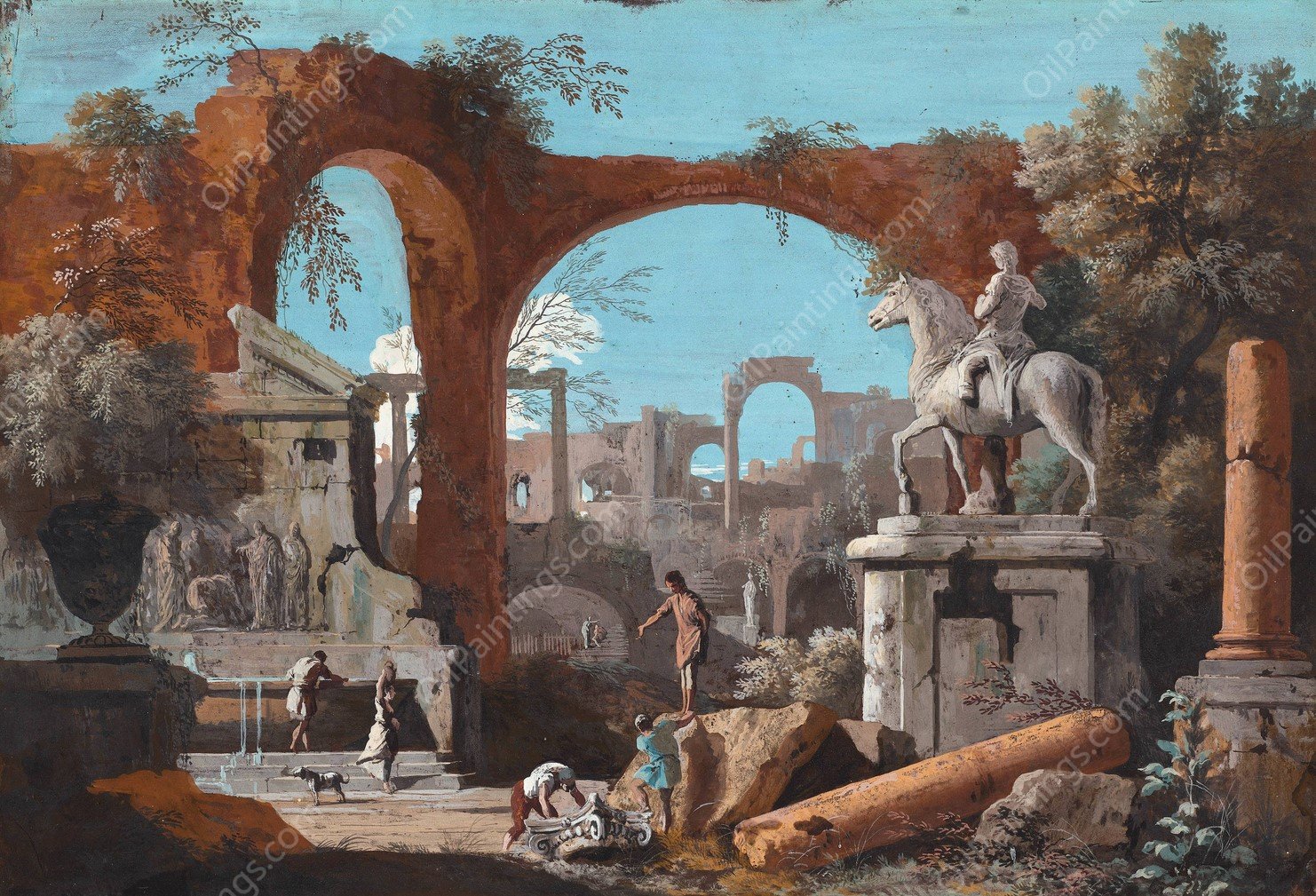 A Capriccio of Roman Ruins  by Marco Ricci - Hand-Painted Oil Painting Reproduction