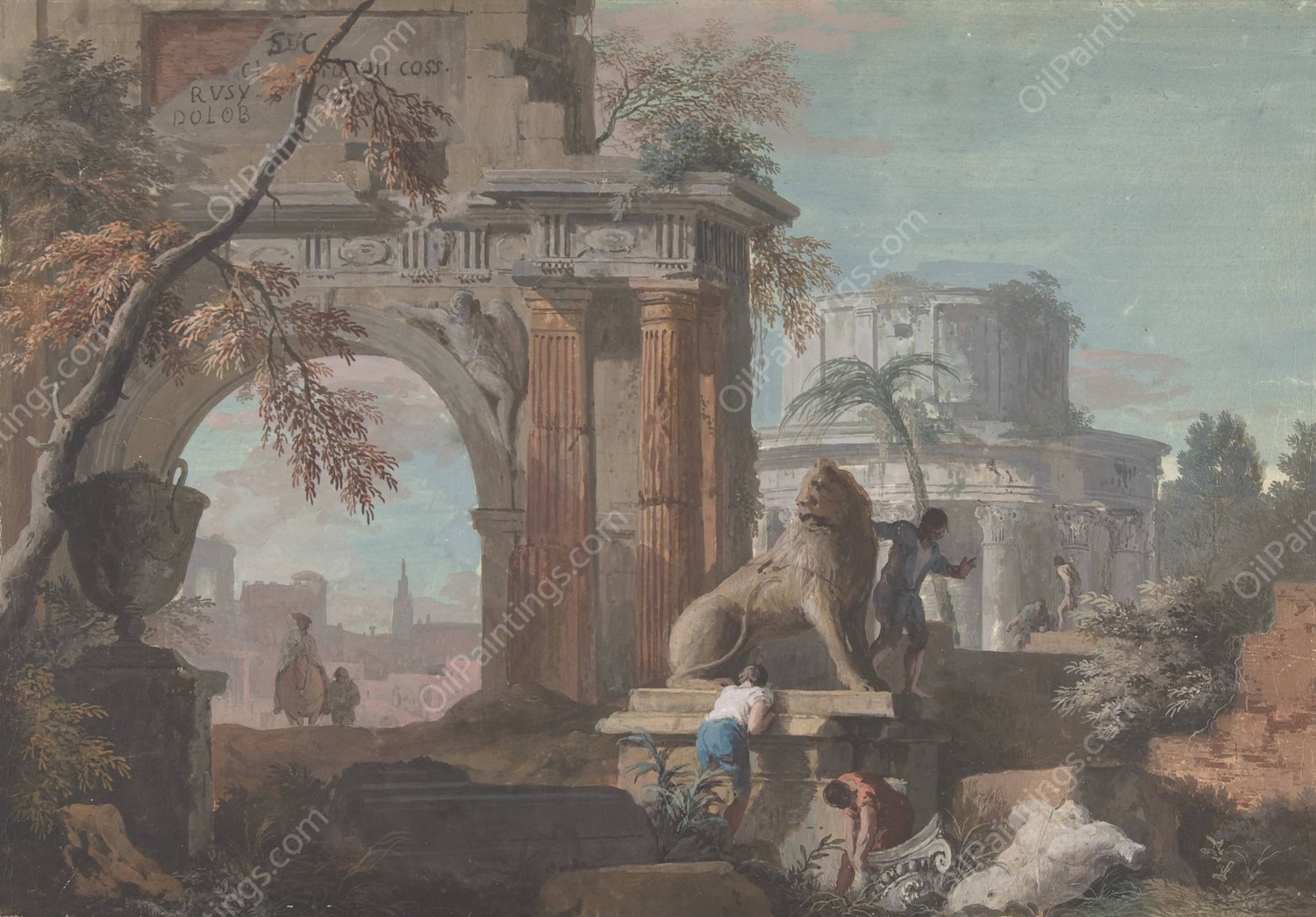 Capriccio with Roman Ruins  by Marco Ricci - Hand-Painted Oil Painting Reproduction