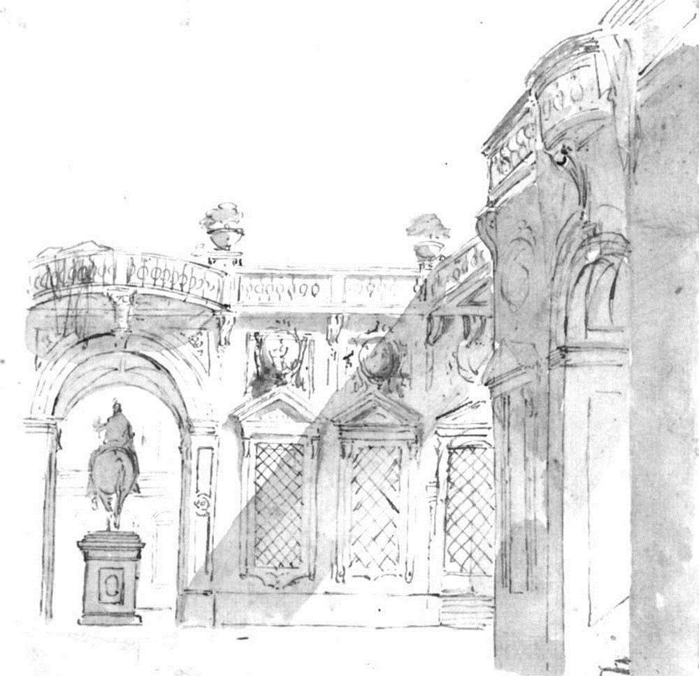 Courtyard with an Equestrian Statue by Marco Ricci - Hand-Painted Oil Painting Reproduction