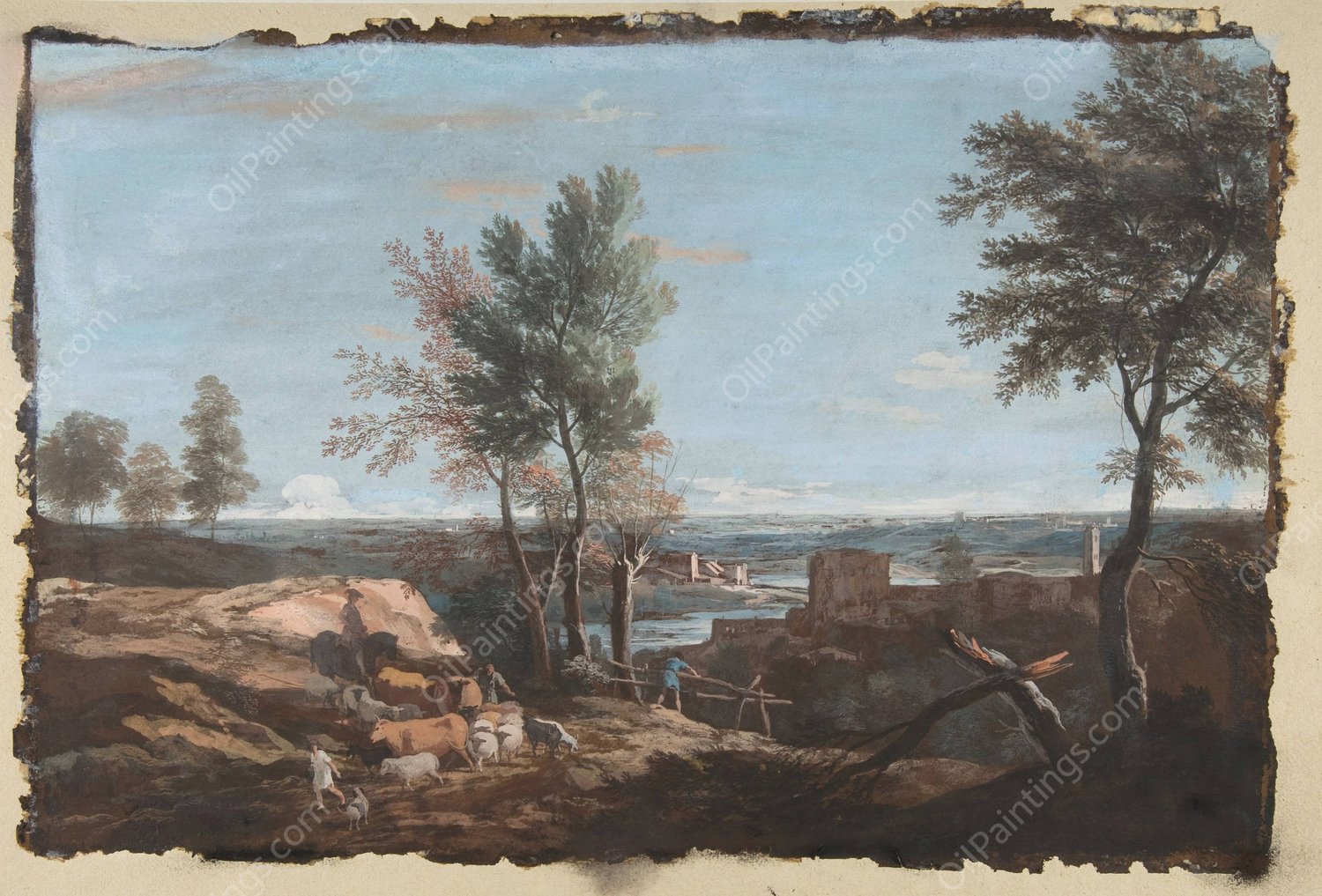 Extensive Pastoral Landscape  by Marco Ricci - Hand-Painted Oil Painting Reproduction