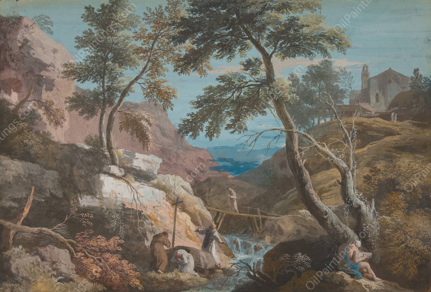 Mountainous Landscape with Hermits  by Marco Ricci - Hand-Painted Oil Painting Reproduction