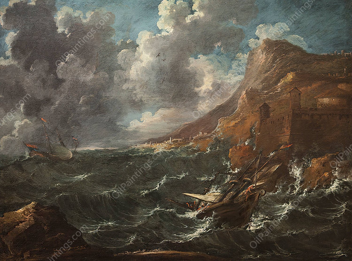 Ships in a Gale  by Marco Ricci - Hand-Painted Oil Painting Reproduction