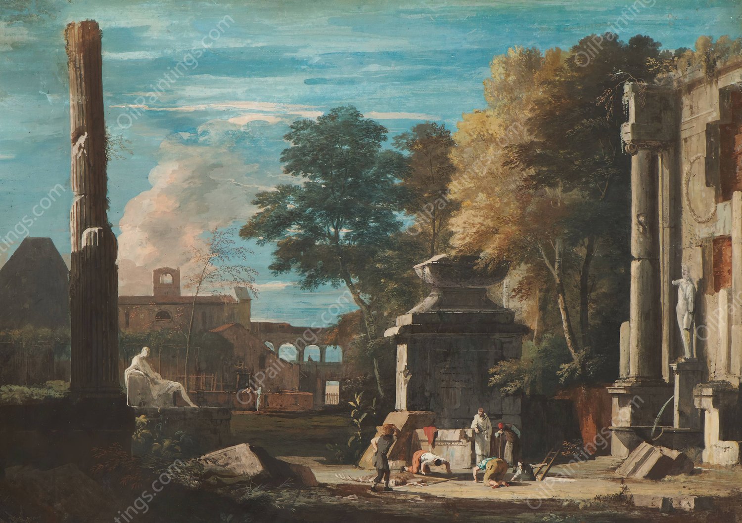 Venetian Capriccio With a Body Being Exhumed and a Franciscan Monk in Attendance  by Marco Ricci - Hand-Painted Oil Painting Reproduction