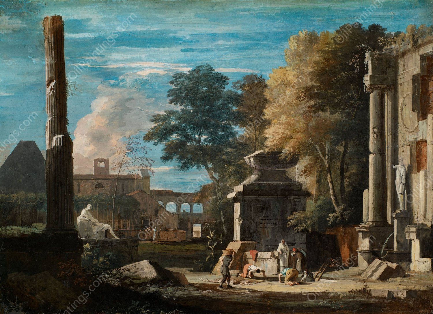 Venetian Capriccio With a Body Being Exhumed and a Franciscan Monk in Attendance  by Marco Ricci - Hand-Painted Oil Painting Reproduction
