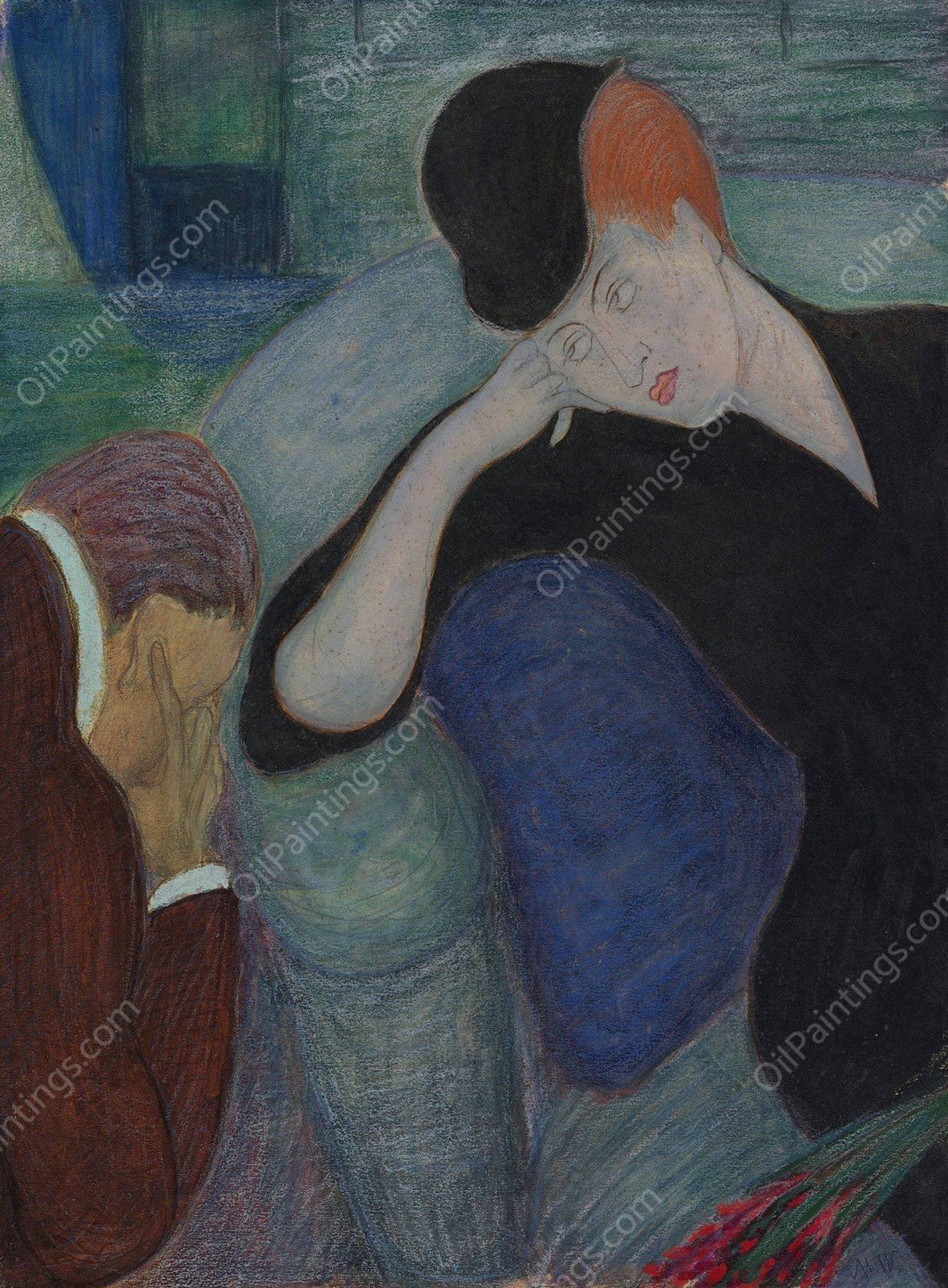 interior with a seated couple  by Marianne Von Werefkin - Hand-Painted Oil Painting Reproduction