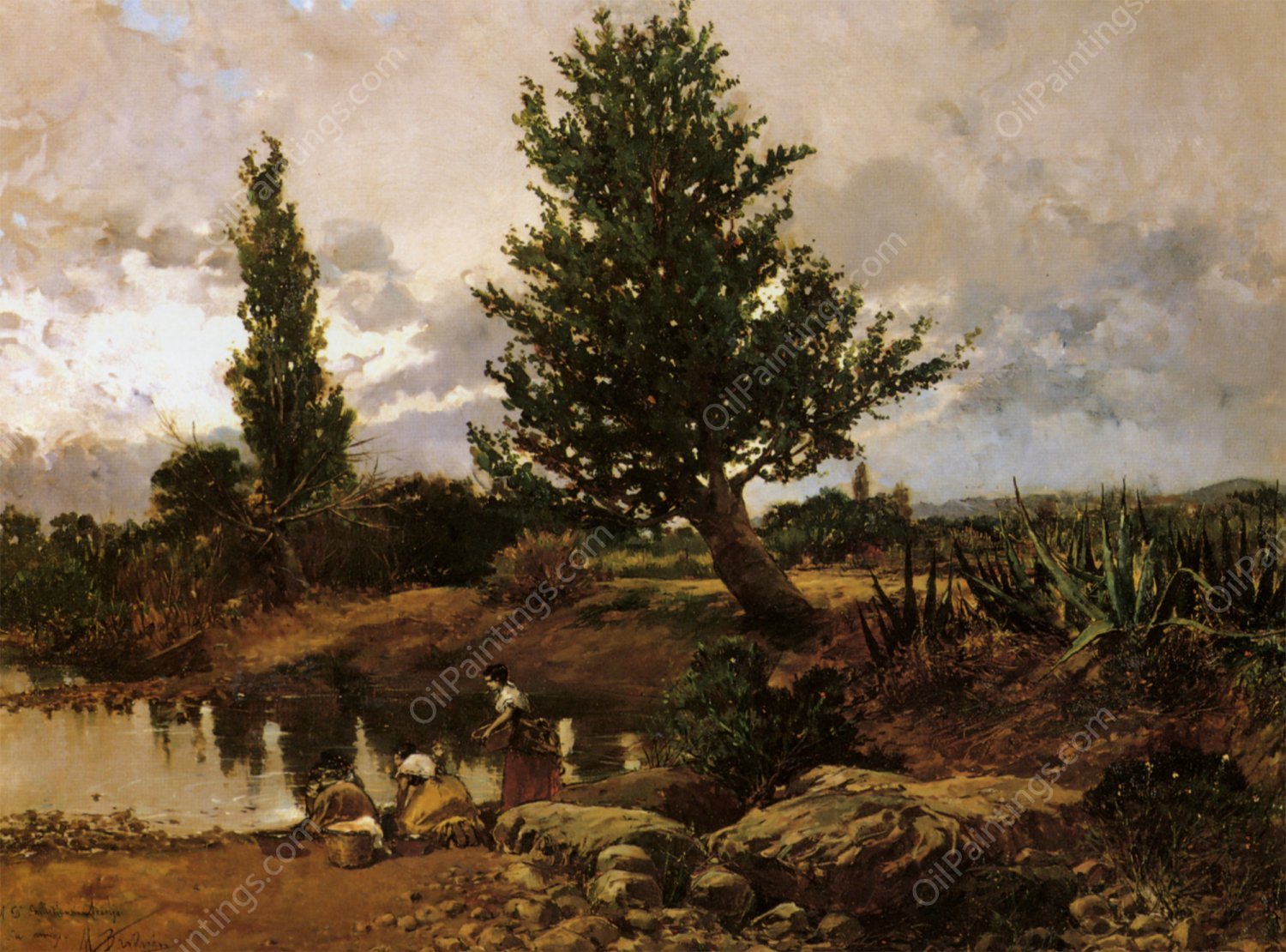 Washerwoman Along a Rivers Edge by Mariano Barbasan - Hand-Painted Oil Painting Reproduction