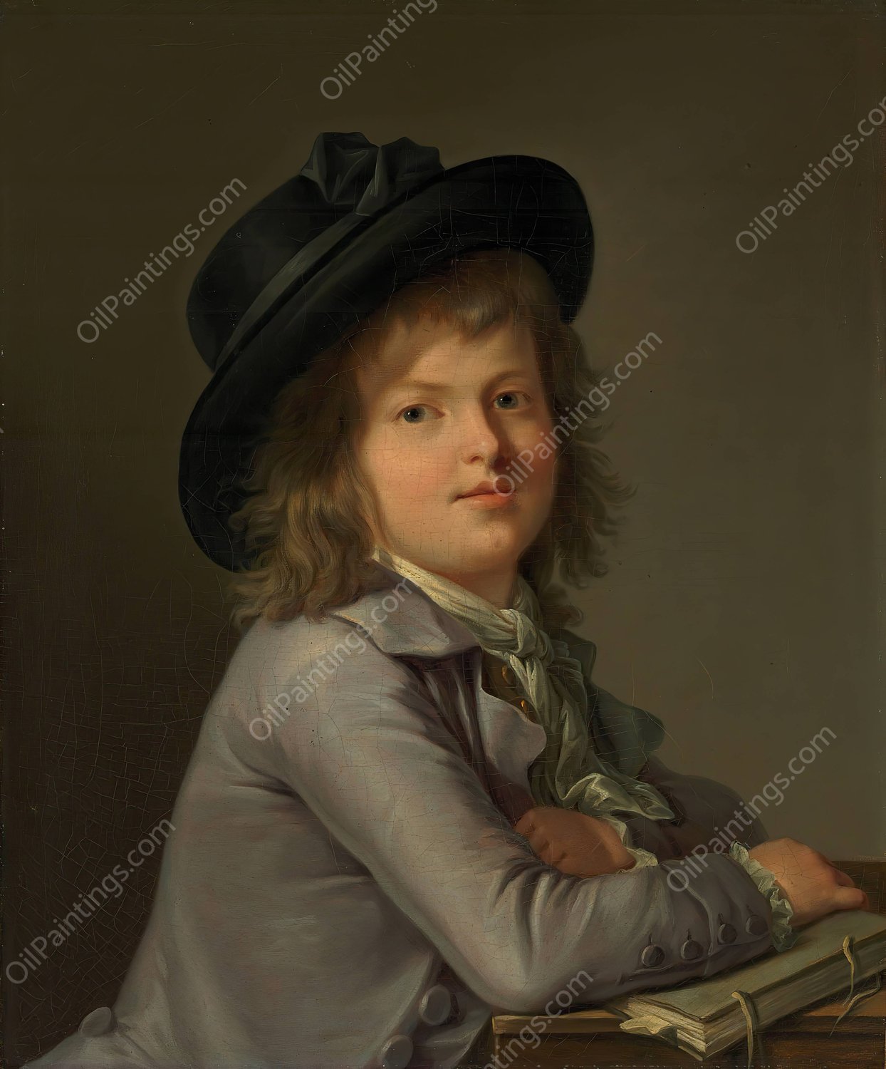 Portrait of a boy, in a black hat, leaning on a portfolio by Marie Victoire Lemoine - Hand-Painted Oil Painting Reproduction