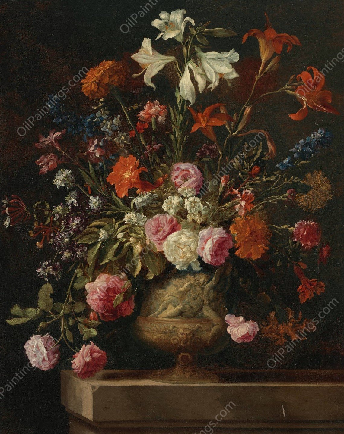 Lilies, carnations, roses, and other flowers in a gilt urn with bas relief, on a stone ledge by Mario Nuzzi - Hand-Painted Oil Painting Reproduction