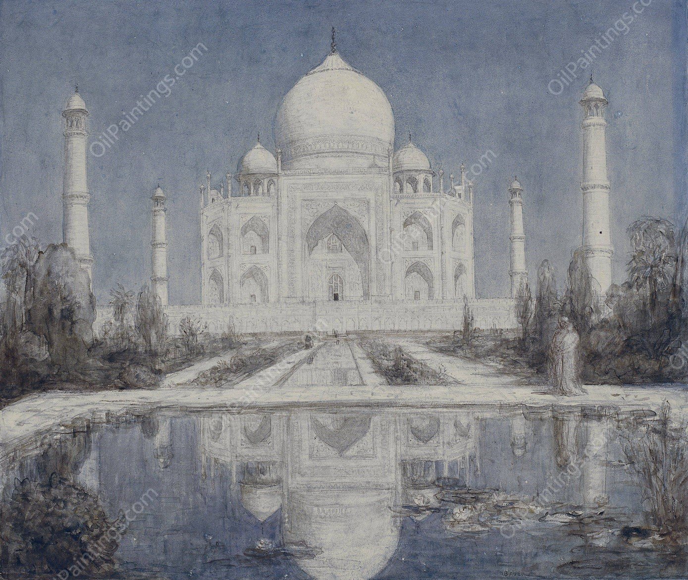 Taj Mahal bij maanlicht  by Marius Bauer - Hand-Painted Oil Painting Reproduction