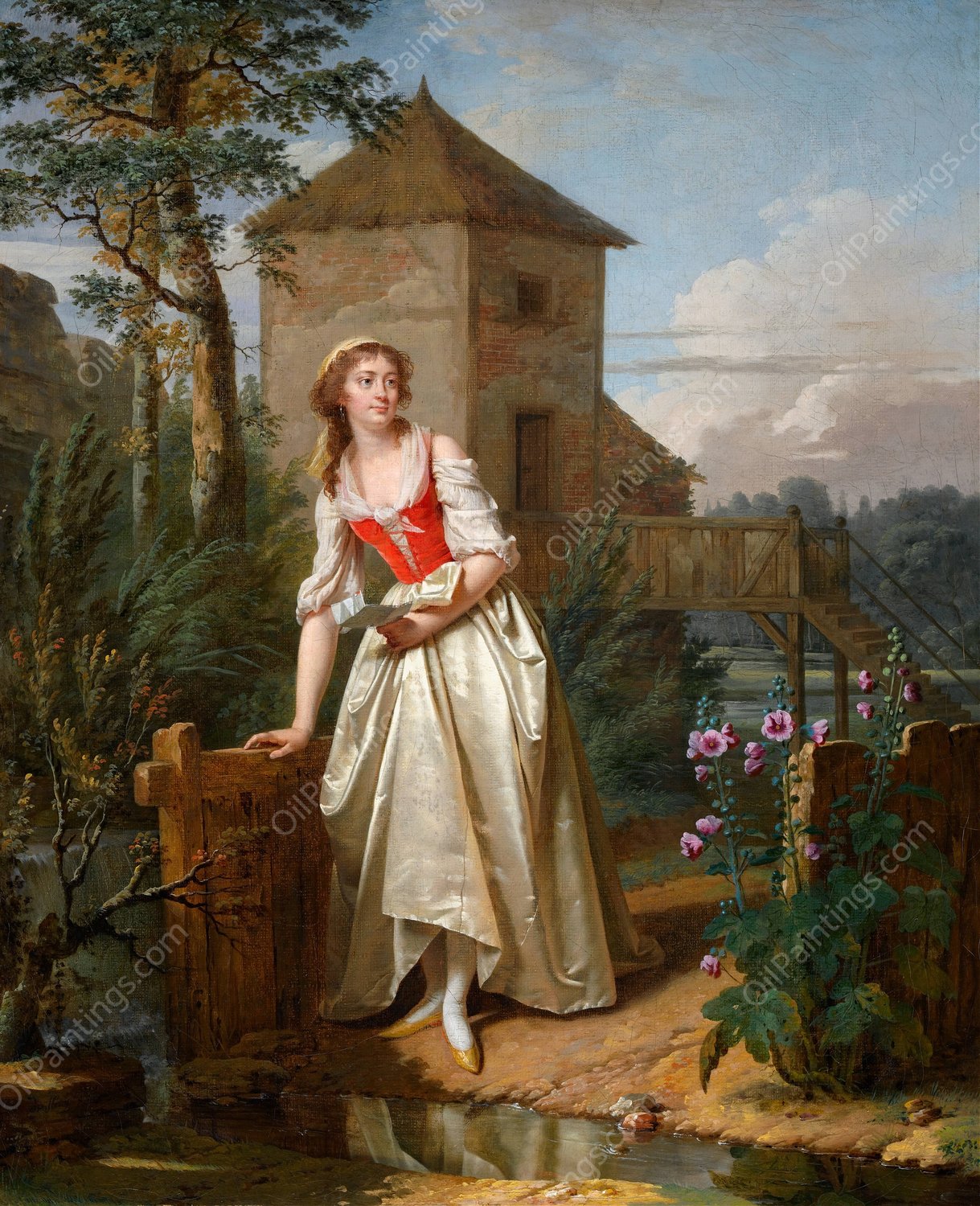 Young Woman In An English Garden  by Martin Drolling - Hand-Painted Oil Painting Reproduction