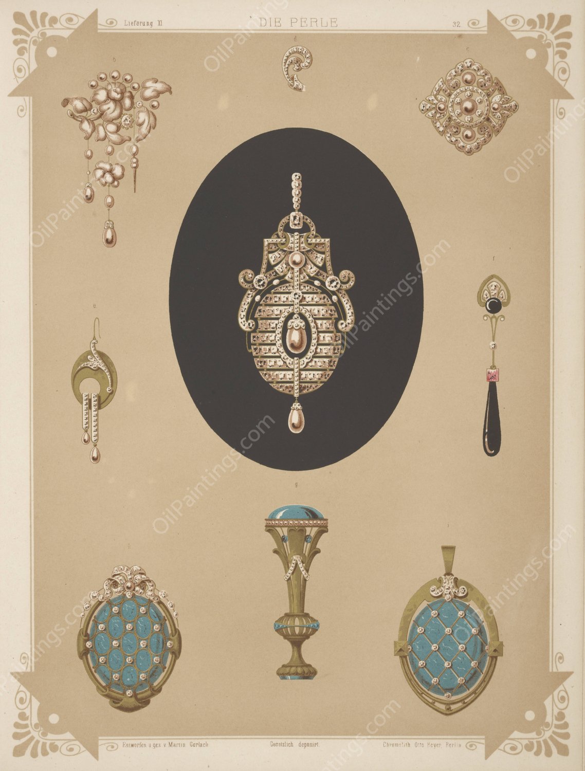 Nine Designs For Jewelry, Including Large Brooch Of Pearls And Diamonds.  by Martin Gerlach - Hand-Painted Oil Painting Reproduction