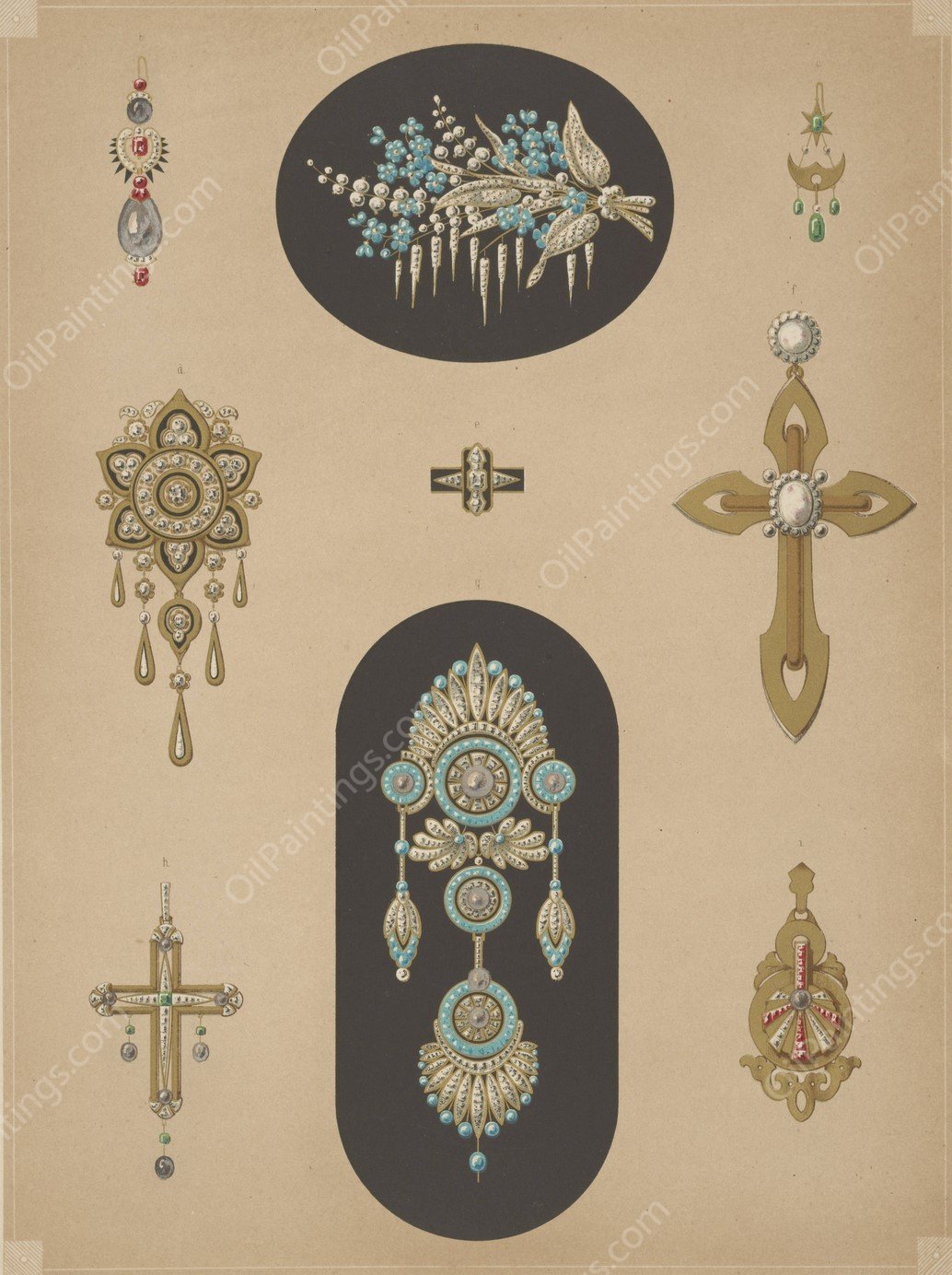 Nine Designs For Jewelry, Including Two Large Pins With Blue Stones And Diamonds.  by Martin Gerlach - Hand-Painted Oil Painting Reproduction
