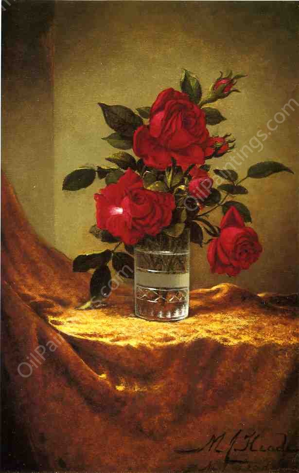 A Glass of Roses on Gold Cloth by Martin Johnson Heade - Hand-Painted Oil Painting Reproduction