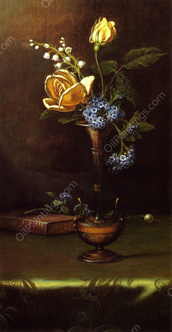 Flowers in a Vase with Book and Hairpin by Martin Johnson Heade - Hand-Painted Oil Painting Reproduction