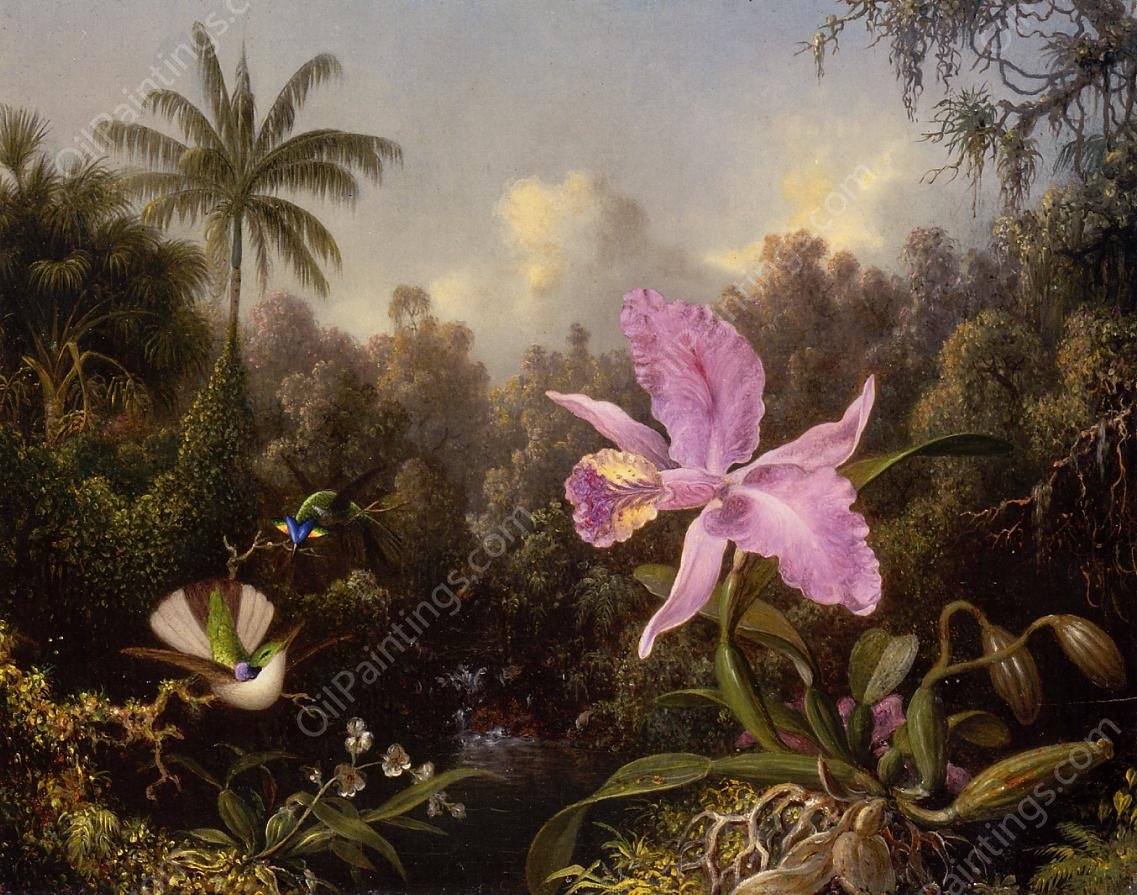 Orchid and Two Hummingbirds by Martin Johnson Heade - Hand-Painted Oil Painting Reproduction
