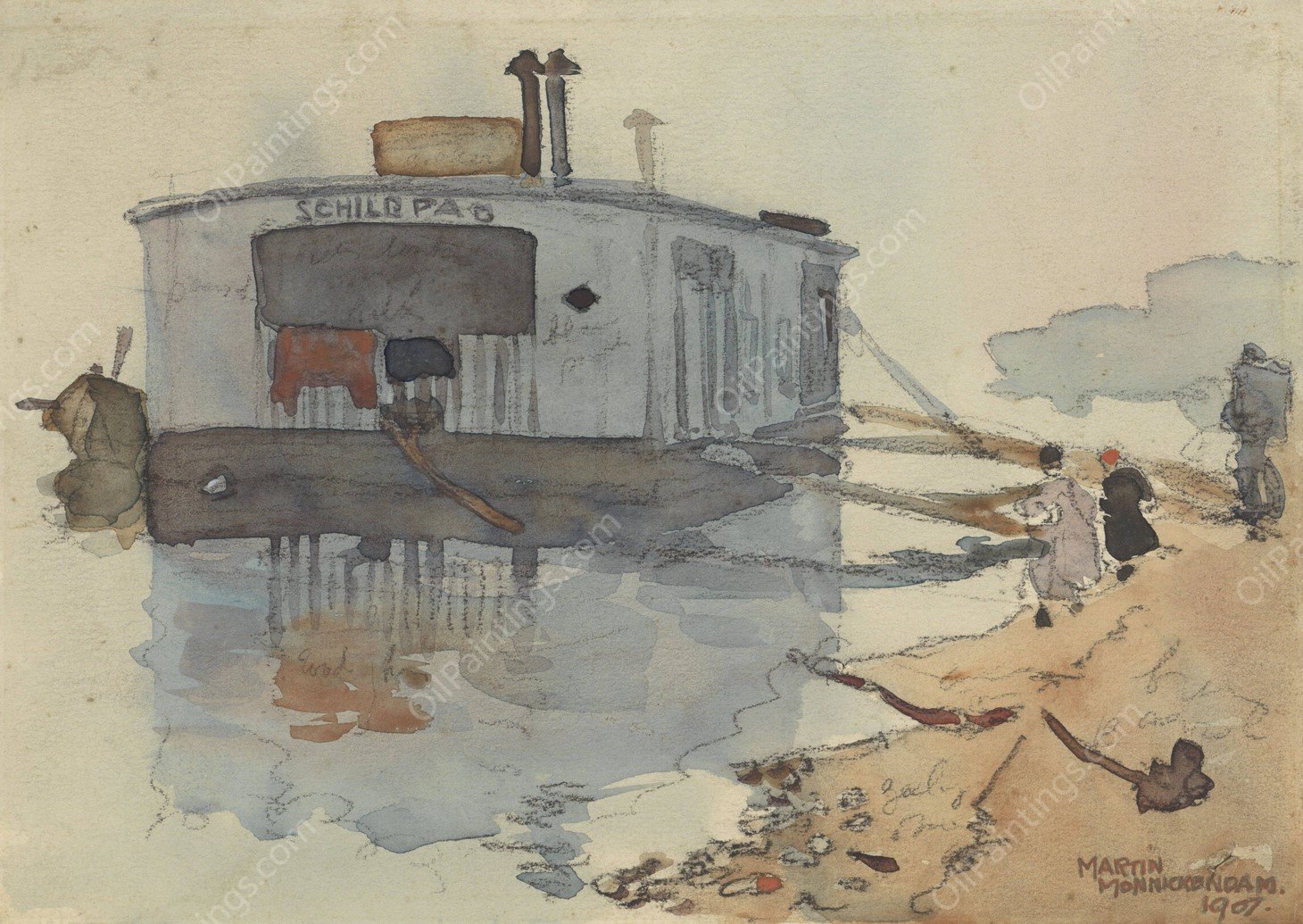 Schip De Schildpad aan een oever  by Martin Monnickendam - Hand-Painted Oil Painting Reproduction