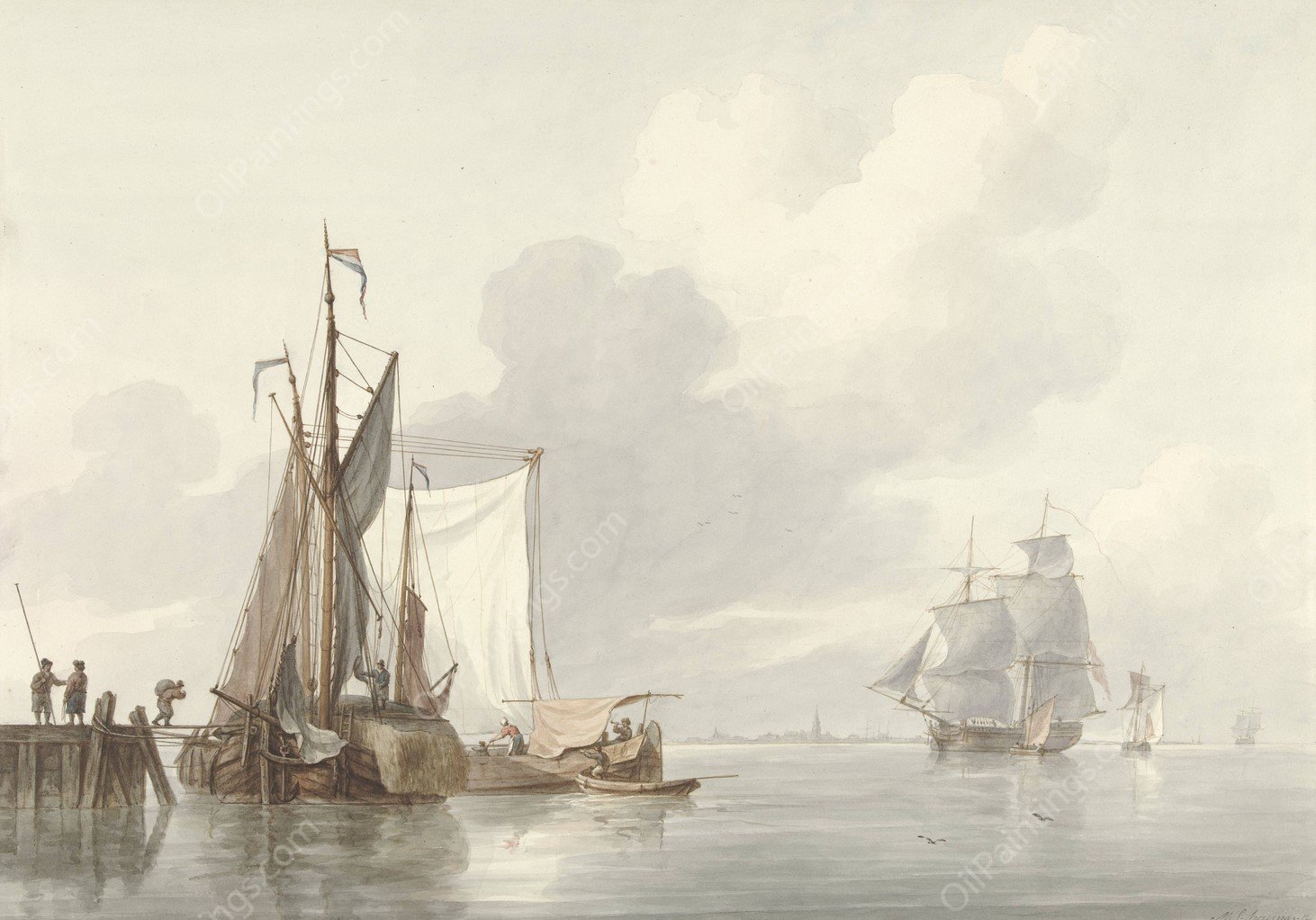 Riviergezicht met afgemeerde schepen  by Martinus Schouman - Hand-Painted Oil Painting Reproduction