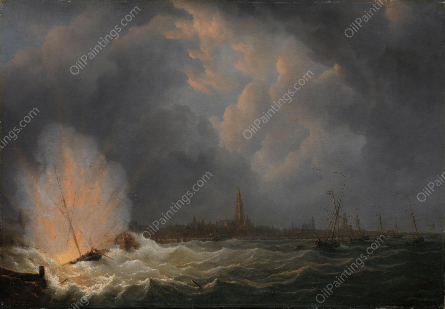 The Explosion of Gunboat nr 2, under Command of Jan van Speijk, off Antwerp, 5 February 1831  by Martinus Schouman - Hand-Painted Oil Painting Reproduction
