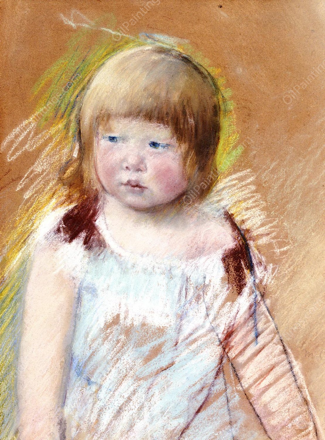 Child with Bangs in a Blue Dress by Mary Cassatt - Hand-Painted Oil Painting Reproduction