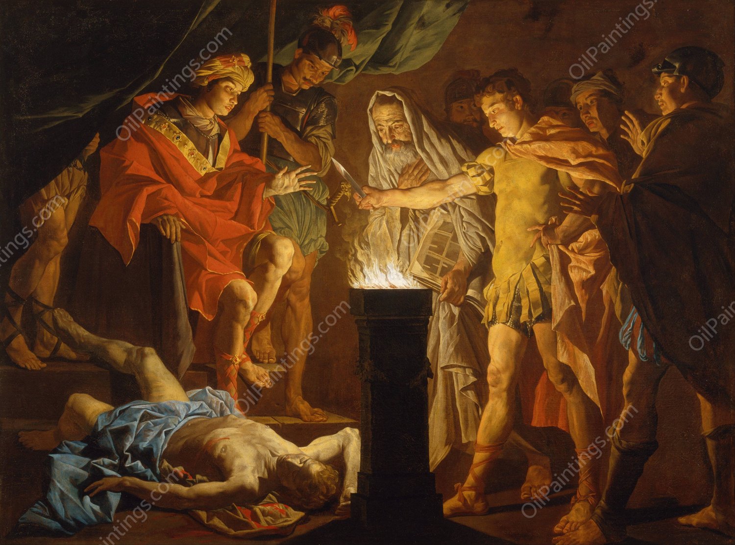 Mucius Scaevola in the presence of Lars Porsenna  by Matthias Stom - Hand-Painted Oil Painting Reproduction