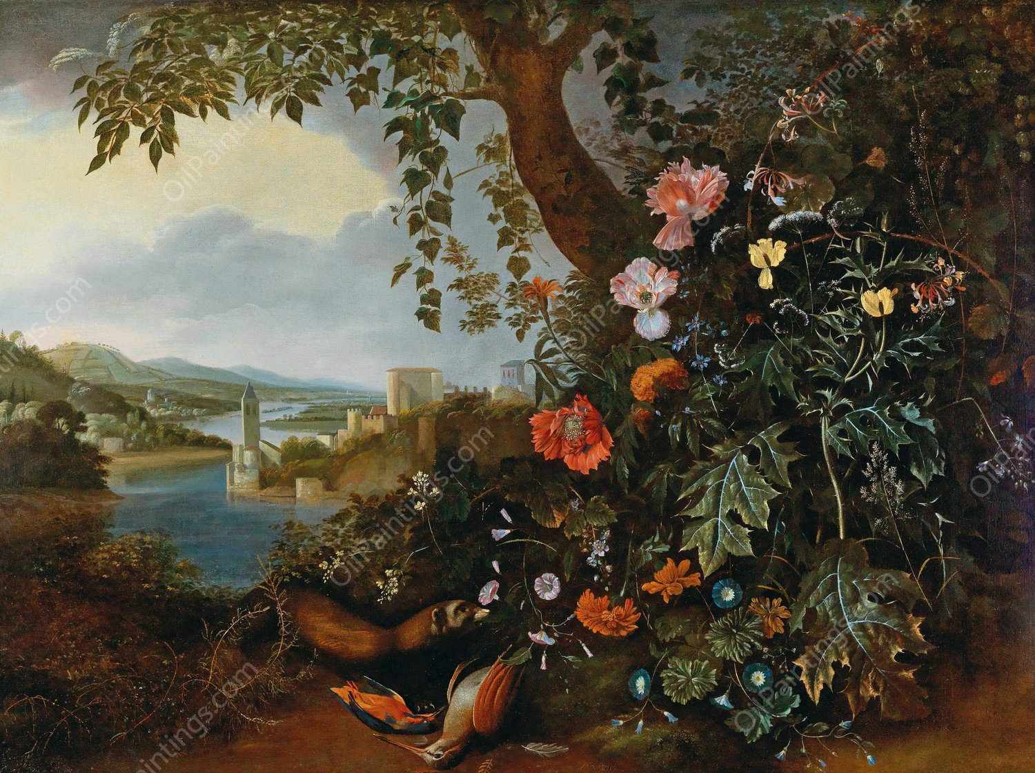 A landscape with flowers and a marten and bird trap by Matthias Withoos - Hand-Painted Oil Painting Reproduction
