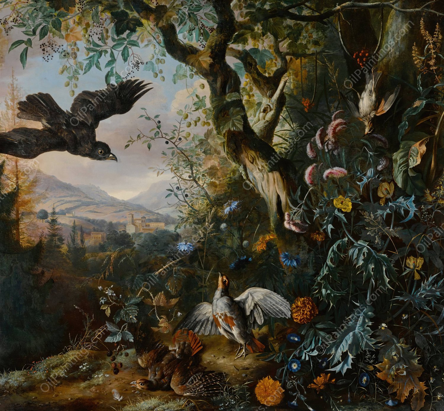 Landscape with drugged Birds in the Flower and Underbrush of the Wood  by Matthias Withoos - Hand-Painted Oil Painting Reproduction