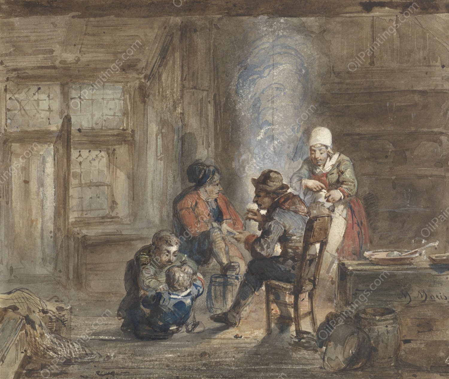 Interieur met een familie rond een haard  by Matthijs Maris - Hand-Painted Oil Painting Reproduction