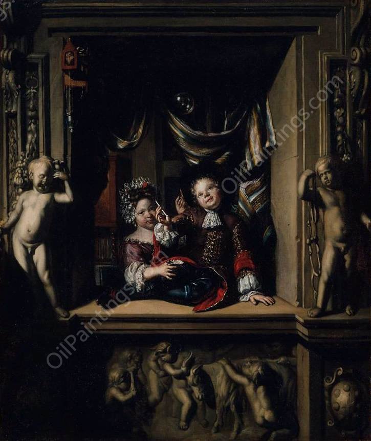 Boy and Girl Blowing Soap Bubbles by Matthijs Naiveu - Hand-Painted Oil Painting Reproduction
