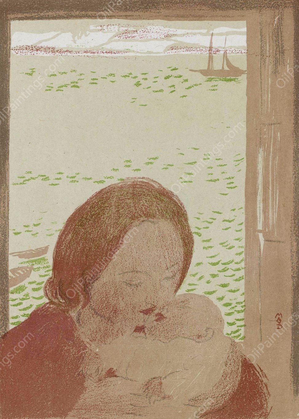 Mother With Child By The Sea  by Maurice Denis - Hand-Painted Oil Painting Reproduction