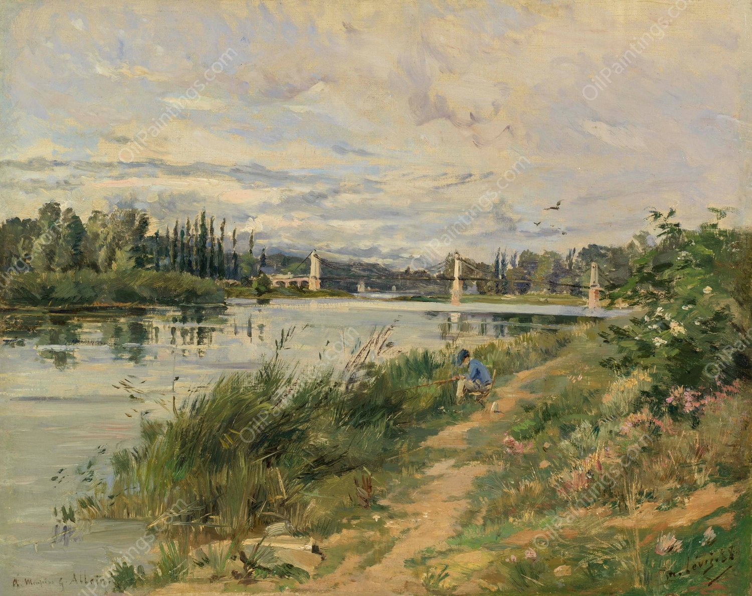 Fisherman on the Riverbank  by Maurice Levis - Hand-Painted Oil Painting Reproduction